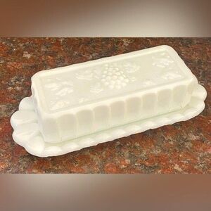VTG Westmoreland White Milk Glass Butter Dish w/ Lid Grape Pattern